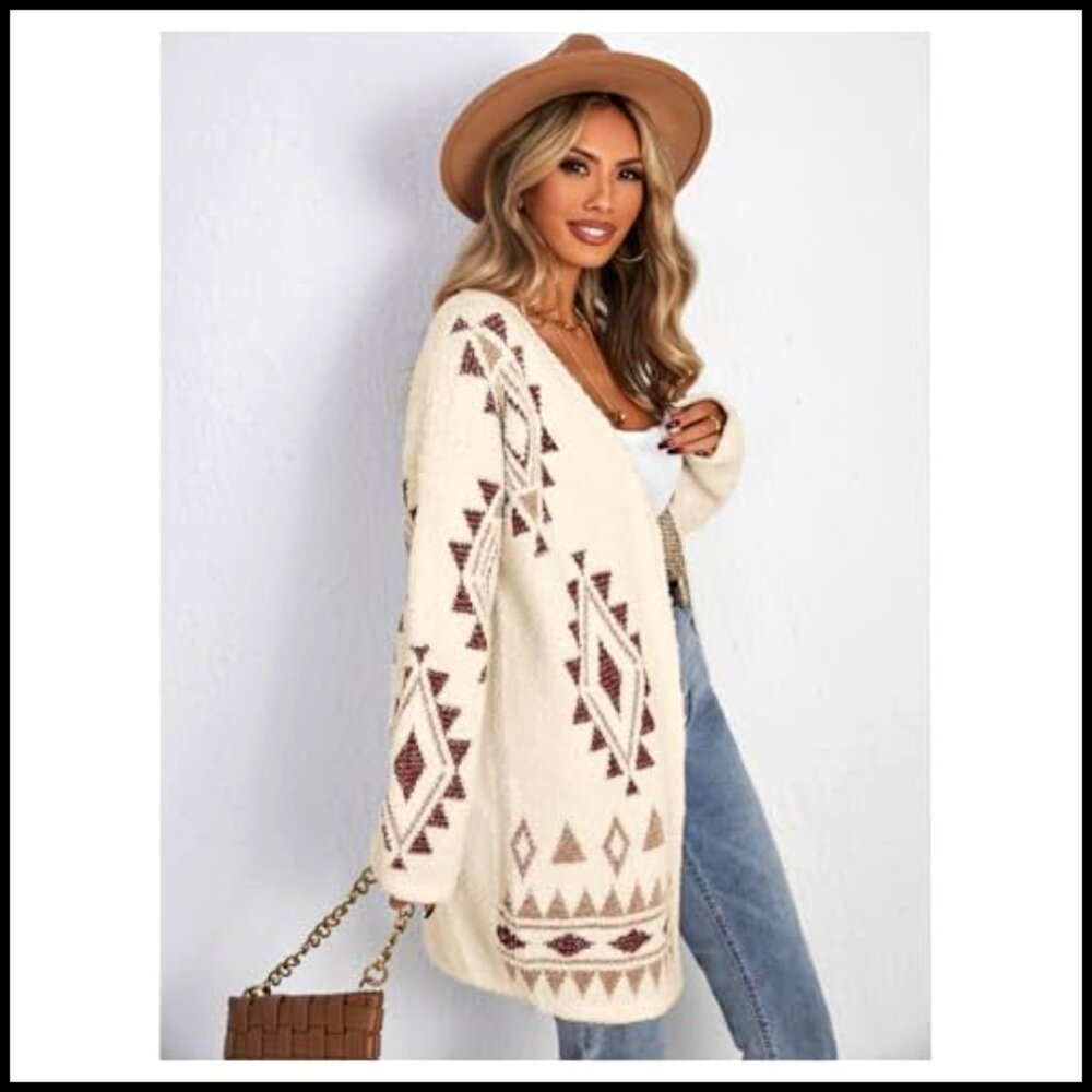 Long Sleeve Open Front Cardigan, Chunky Knit, Drop Shoulder, Boho Style - Picture 4 of 6